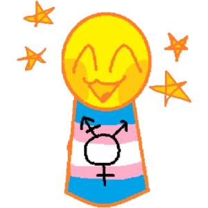 a yellow person wearing a shirt with the colors of the  trans flag as well as the transgender symbol. they are smiling and surrounding the person are 4 golden stars